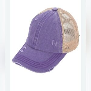 C.C. Distressed Pony Tail Criss Cross Ball Cap*Purple”